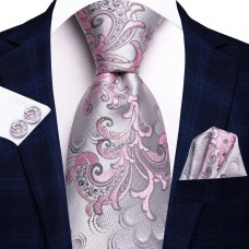 3delige set stropdas pochet manchetknopen zilver grijs roze Fantasy